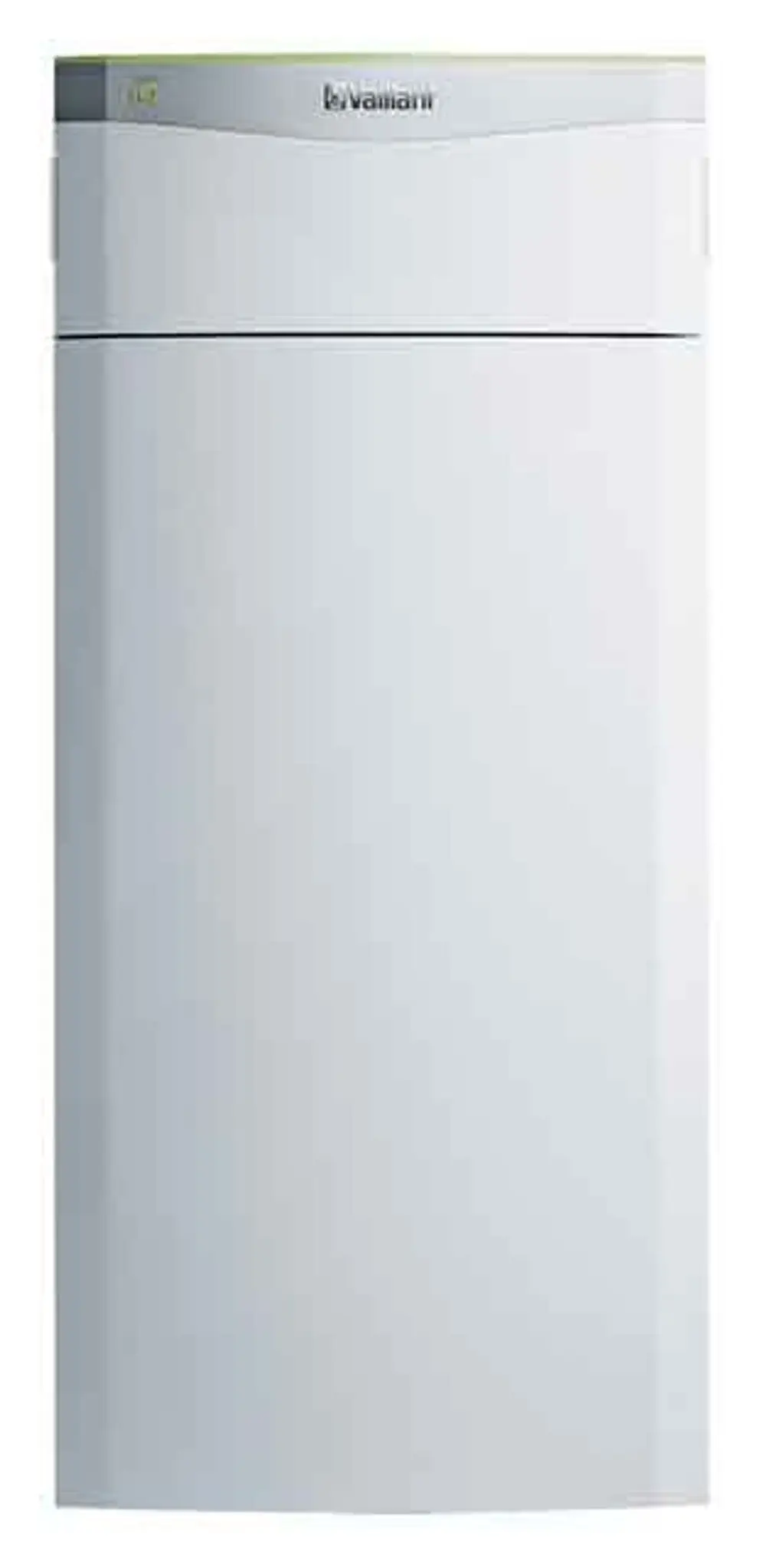 Vertikales Wärmepumpensystem in weißer Ausführung von Vaillant, mit einem klaren, minimalistischen Design und ohne sichtbare Bedienelemente.